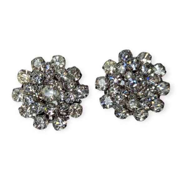 Vintage Silver Tone & Clear Rhinestone Clip On Earrings - Picture 1 of 5